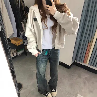 American Retro Zipper Hoodie, Women s Spring/Autumn Thin Loose Unique College Style Casual Versatile Outerwear