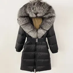 Casaco de Pena com Capuz e Colarinho de Pele de Raposa Real, Cintura Longa, Popular no Inverno Novo de Comércio Exterior Feminino
