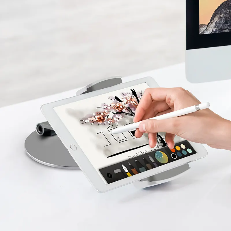 Suporte para telemóvel e tablet para mesa, em liga de alumínio com base rotativa