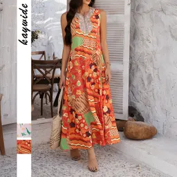 فساتين نسائية A-line sleeveless للعطلات بألوان متضادة ومطبوعات