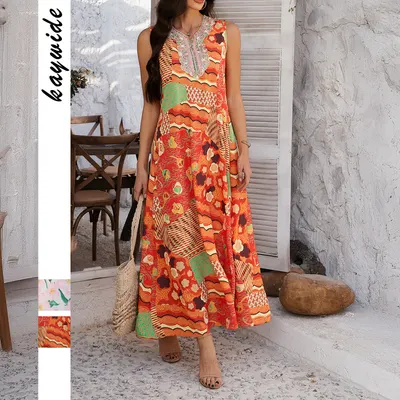فساتين نسائية A-line sleeveless للعطلات بألوان متضادة ومطبوعات