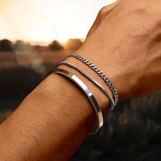 Pulseira de aço inoxidável empilhável de moda nova, conjunto de 3 pulseiras em camadas