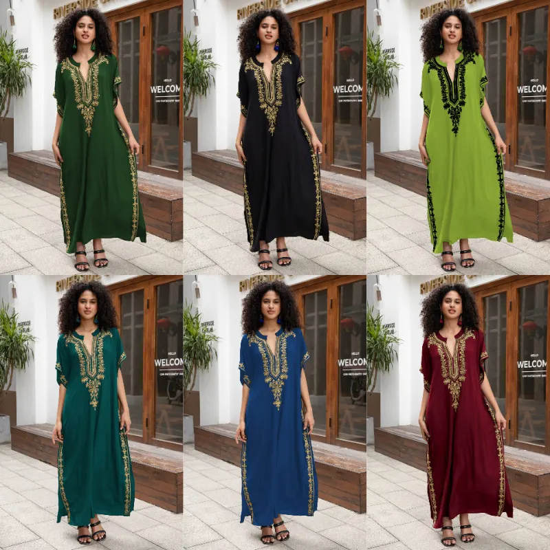Robe larga bordada em rayon, capa de biquíni para proteção solar em férias