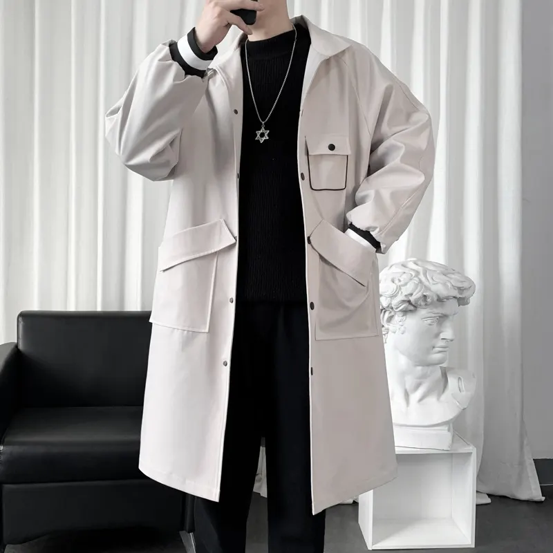 Casaco trench comprido médio para homem novo de outono e inverno 2022, elegante, acima do joelho, estilo ligeiramente maduro