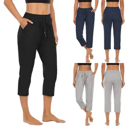 Calças de yoga femininas, de cor sólida, com bolso, cano alto, de perna larga, cropped, para desporto e fitness