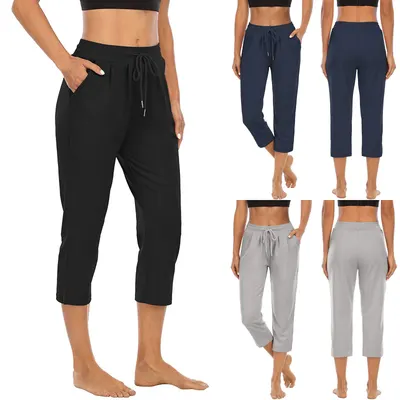 Damens enfärgade fickor Högtoppad Sport Fitness Yoga Vidbenta Cropbyxor