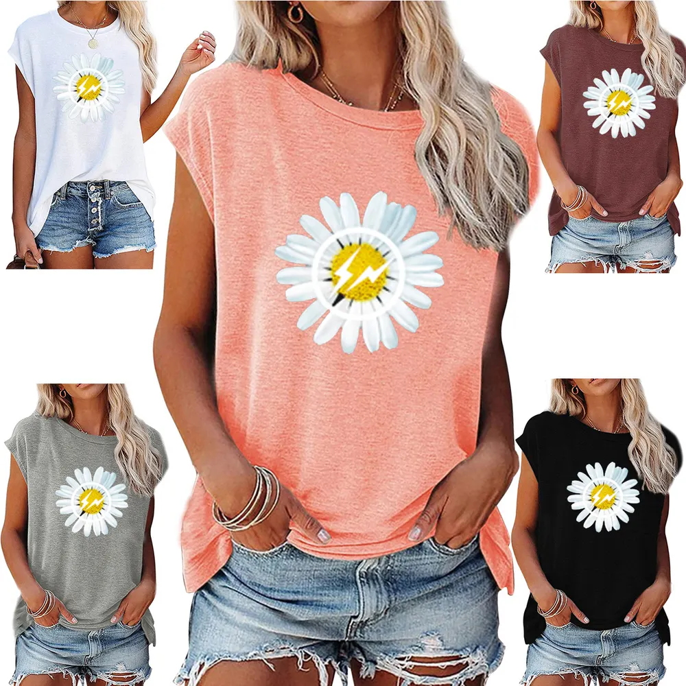 Nova t-shirt de manga curta com gola redonda, solta, decote ombro a ombro, estampada, para mulher, moda europeia e americana de primavera e verão de 2021, cross-border Amazon
