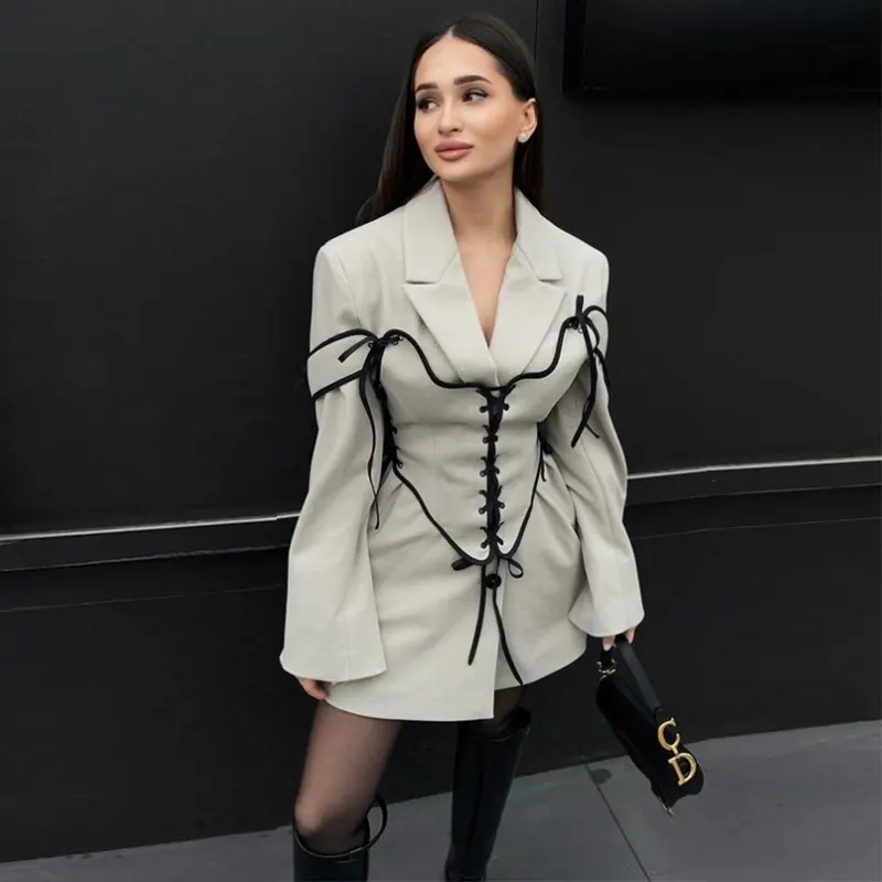 Conjunto de casaco de lã com lapela de terno, manga comprida, faixa de cintura com ligadura, elegante para trabalho, moda feminina europeia e americana, novo outono 2024