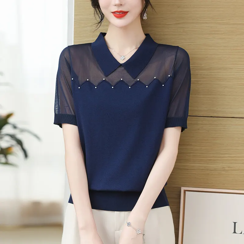 夏季冰丝短袖t恤女2024年新款减龄妈妈夏装宽松翻领网纱薄款上衣