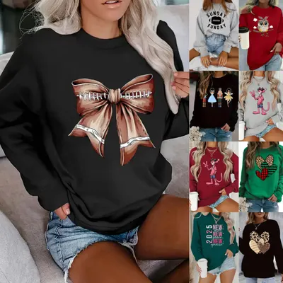 Suéter de manga comprida com decote redondo e estampado para mulheres