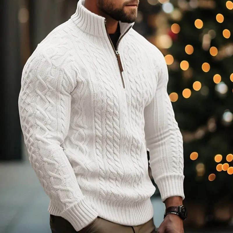 Suéter masculino de malha, meia-zip, cor sólida, padrão torcido, reforçado