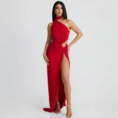 Ny Fashion Sexig Rygglös Halsringande Klänning med Hål och Splittrad Asymmetrisk Hals