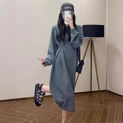 Vestido moletom com capuz para mulheres, design de deslocamento solto, vestido preguiçoso até os joelhos