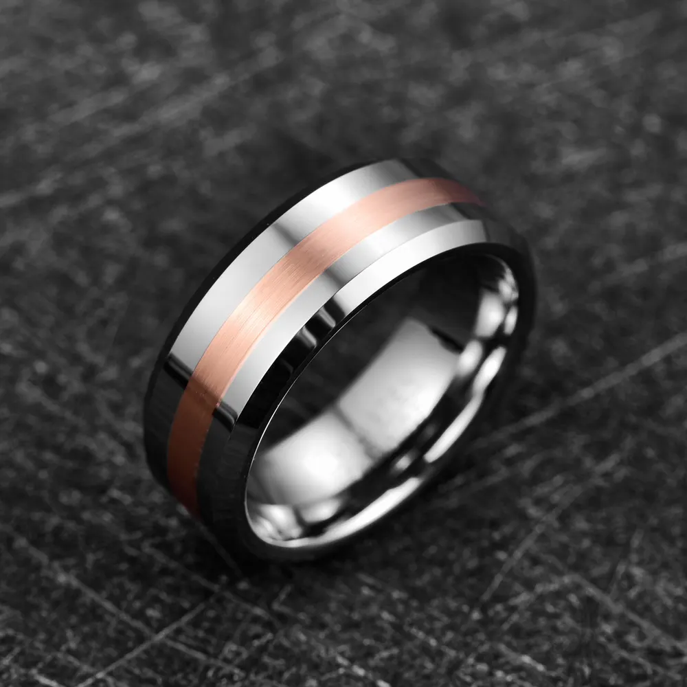 Anel de tungsténio de 8mm com acabamento electroplado e escovado no centro