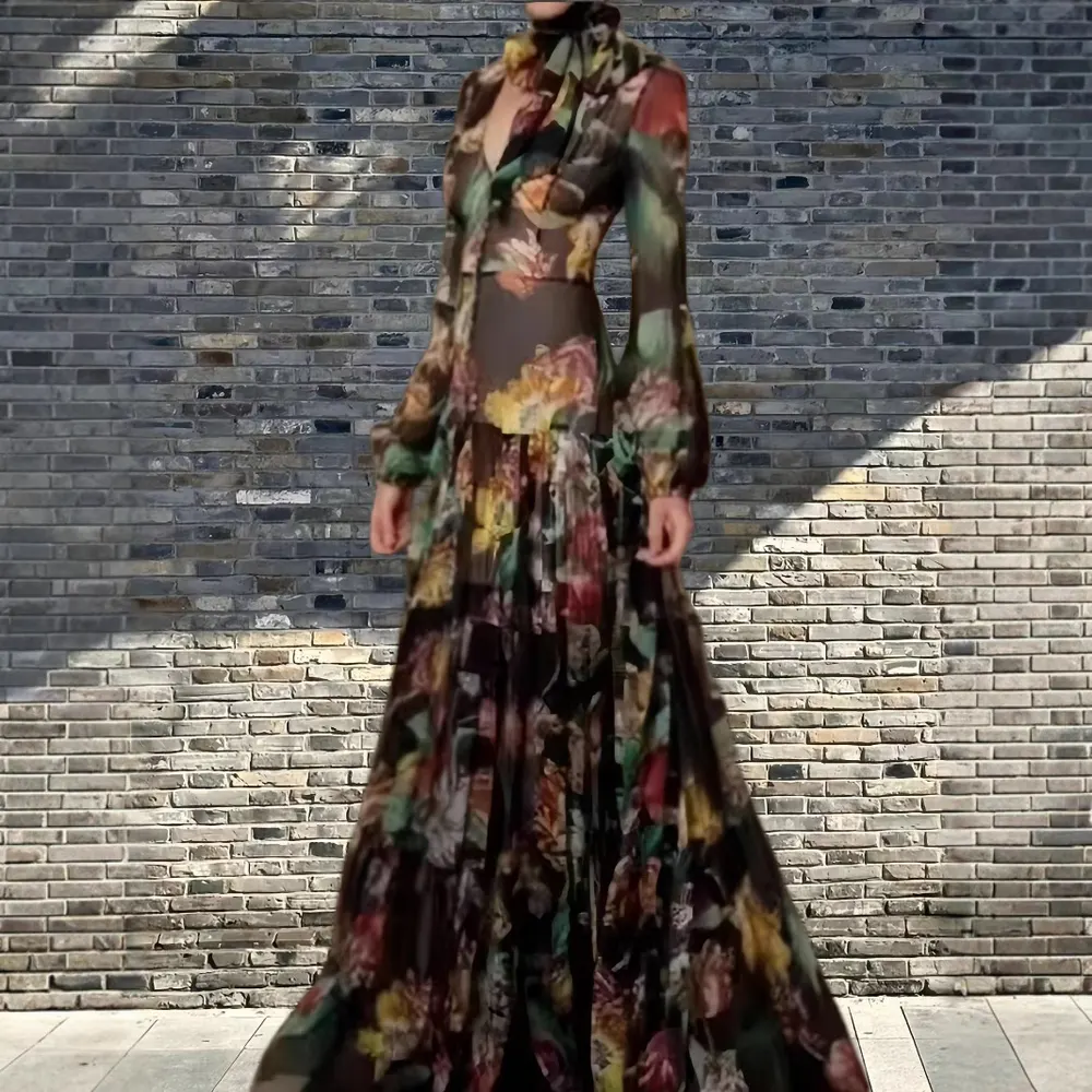 Vestido de manga comprida com lanternas no estilo palaciano retrô europeu-americano