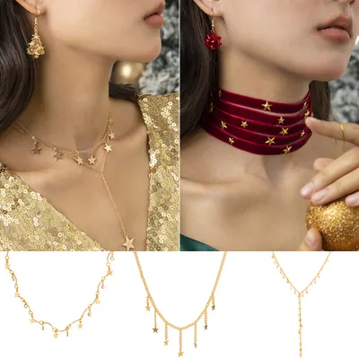Joyería europea y americana, collar de metal de cadena delgada simple, collar de Navidad con colgante de borla de estrella creativa para mujer