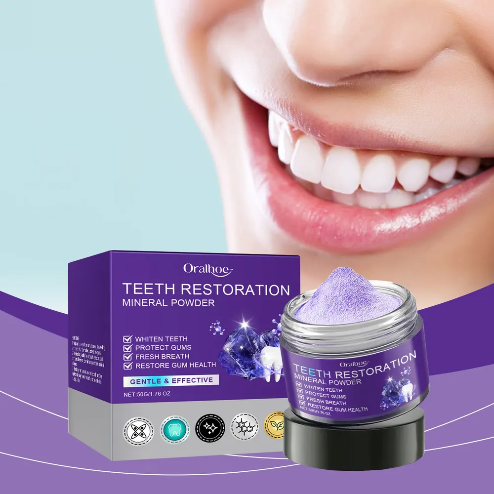 ORALHOE Pó clareador de dentes roxo, limpeza suave, protege os dentes, frescor duradouro, remove manchas e amarelecimento dos dentes