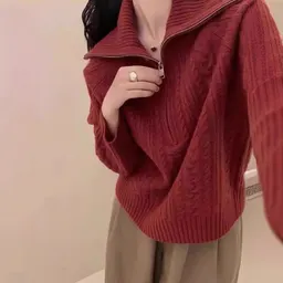 Suéter de tricô com laçada e lapel elegante para outono e inverno de 024, soltinho e casual, favorecedor para mulheres