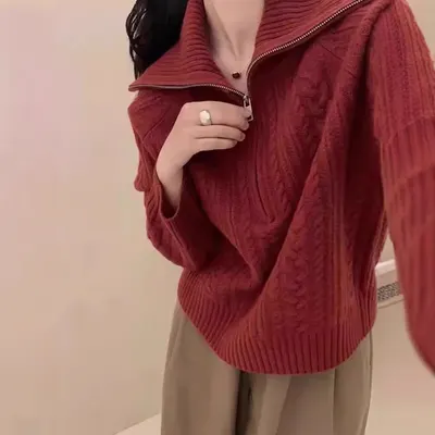 024秋冬气质翻领麻花设计宽松休闲显瘦针织衫女