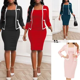 Vestido justas para mulher, estilo europeu e americano, com manga de sete partes, design de dois peças falso