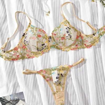 Conjunto de lingerie com alças bordadas de flores novo, tamanhos XS-XXL