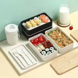 Caixa de almoço com tampa de bambu estilo japonês, para micro-ondas, para trabalhadores de escritório, plástico compartimentado