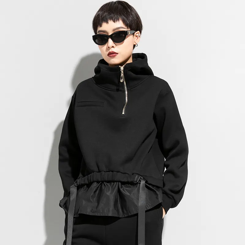 秋/冬 フーデッド スウェットシャツ 女性用、ダーク スタイル、ぬいぐるみ 裏地、厚手、ルーズ、プラスサイズ、フェイク ツーピース トップ、長袖 ジャケット