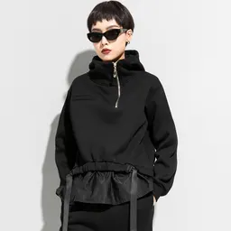 秋/冬 フーデッド スウェットシャツ 女性用、ダーク スタイル、ぬいぐるみ 裏地、厚手、ルーズ、プラスサイズ、フェイク ツーピース トップ、長袖 ジャケット