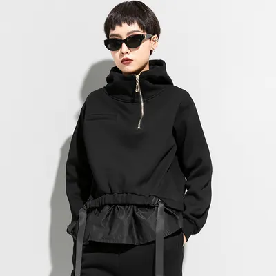 Sweatshirt com capuz para mulheres de outono/inverno, estilo escuro, forrado de pelúcia, reforçado, solto, tamanho grande, top falso de duas peças, jaqueta de manga comprida