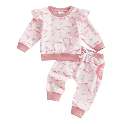 Conjunto de top e calças de manga comprida, estampado, com laço, para crianças pequenas
