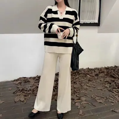 Conjunto de tricot de moda com lapelas riscadas, solto e macio de alta qualidade, para mulher