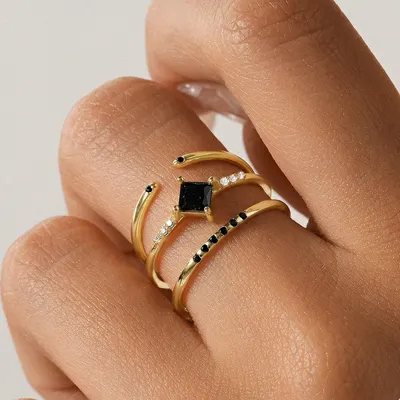 S925 Sterlingsilverring med svart diamanter för kvinnor, tredjepack