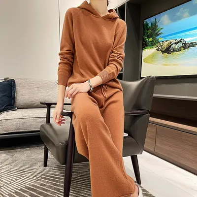 New Fashion Hooded Loose Top Knit Wide-Leg Pants