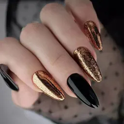Uñas Hermosas Punta Redonda Forma de Almendra Uñas Postizas Doradas Negras Brillantes