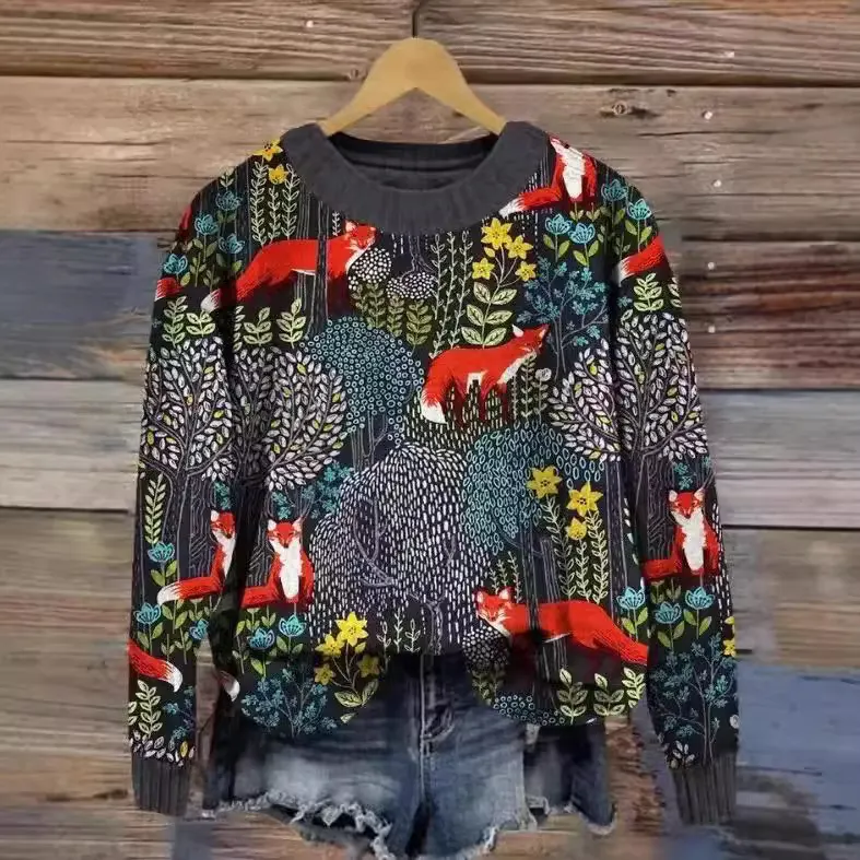 Suéter longo estampado para mulher, casaco casual solto