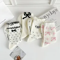 Meias femininas de meia-vaca de algodão puro com laço e pontas de bolha com borda enrolada 3D