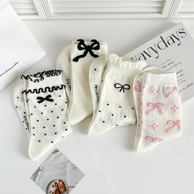 3D-viktade kantsockar med polkadots och rosett, kvinnors midjebadstrumpor i ren bomull