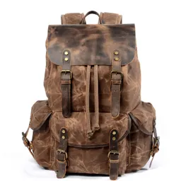 Mochila Informal para Estudiante Mochila Vintage con Cordón de Lona Encerada al Aceite para Hombre Mochila Diagonal de Viaje a la Moda Europea y Americana