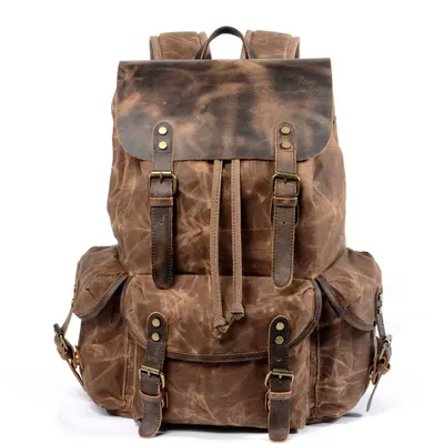 Mochila vintage para estudantes, casual, com cordão, masculina, lona encerada, mochila de viagem diagonal, tendência europeia e americana