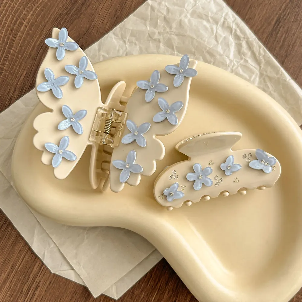 Presilha de cabelo 3D com borboleta e flor, com strass, elegante, para rabo de cavalo na parte de trás da cabeça
