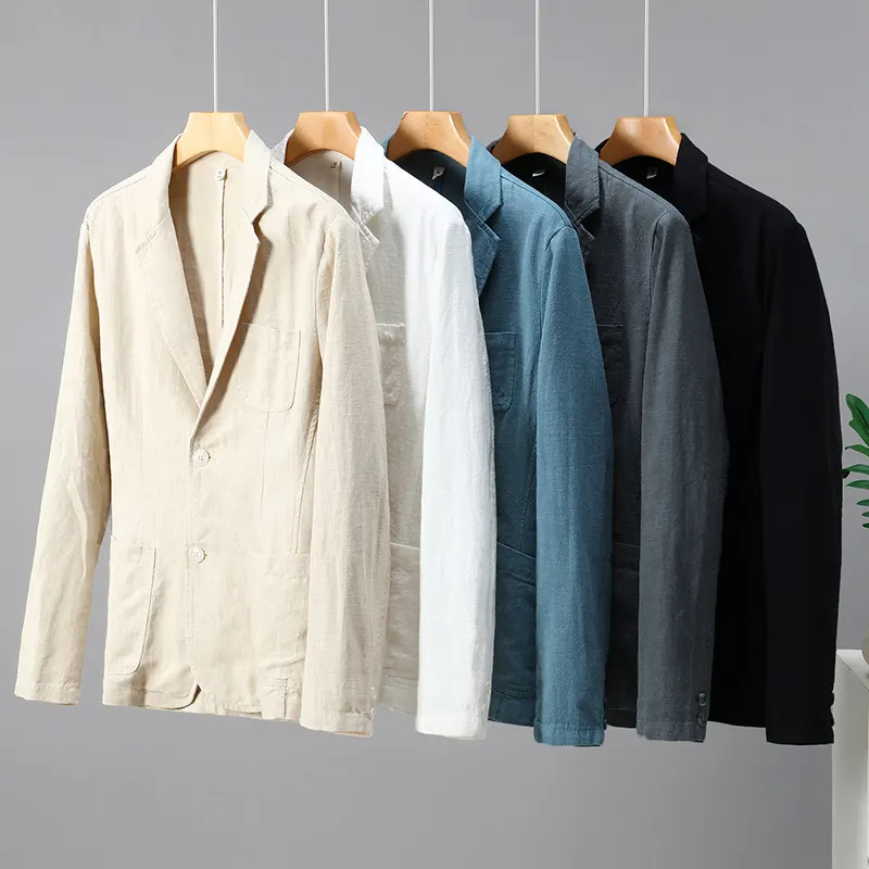 Traje Pequeño Casual de Ramio Japonés con Cuello Plano Versátil para Hombre