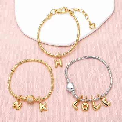 Pulseira feminina com pingente de 26 letras, banhada a ouro
