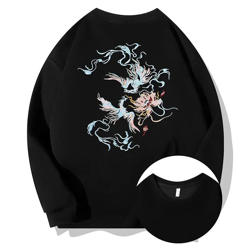 T-shirt de algodão puro nova de outono/inverno de 2024, bordado pesado de fênix de alta qualidade, manga comprida, gola redonda, sweatshirt versátil para homens