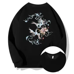 Camiseta de manga larga de algodón puro con cuello redondo y bordado pesado de fénix de alta gama, sudadera versátil para hombre, otoño e invierno 2024