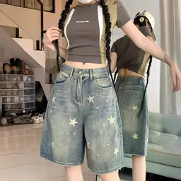 実写！レトロ ウォッシュダメージ スター デニム 五分丈ショートパンツ レディース ストリート ストレート ルーズ 細見え ワイドレッグパンツ