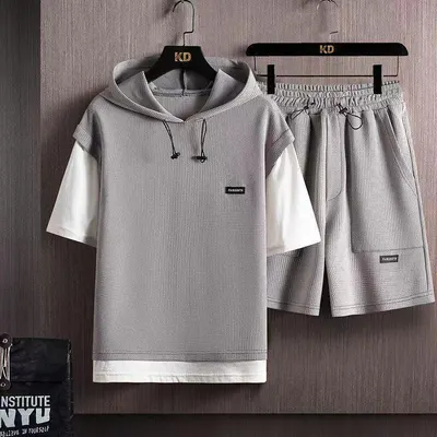 Conjunto desportivo masculino de duas peças, waffle, manga curta, falso dois peças