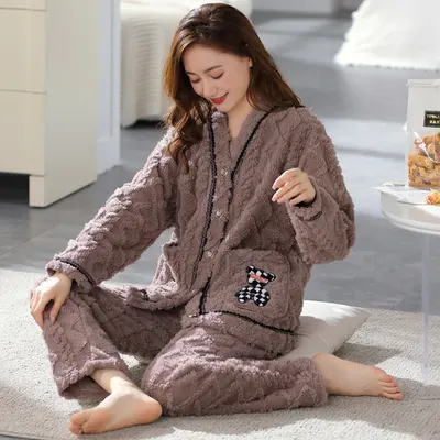 Pijamas grossos de veludo de coral para mulher no inverno