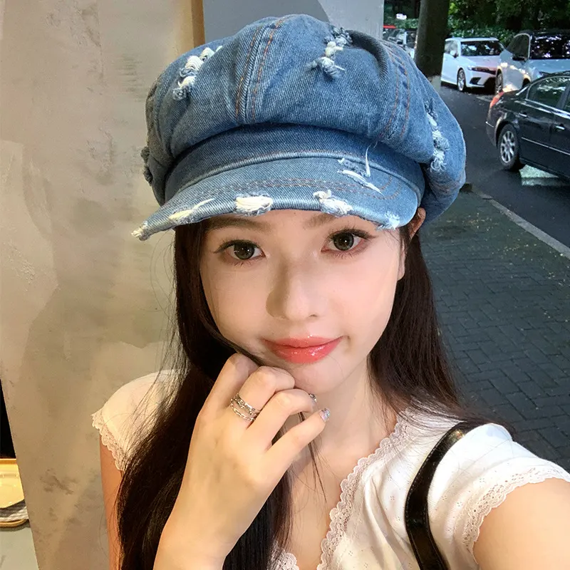 Gorro de ganga rasgado e retro para mulheres