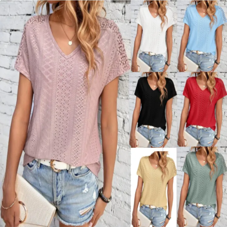 T-shirt casual com gola em V, malha oca e renda bordada