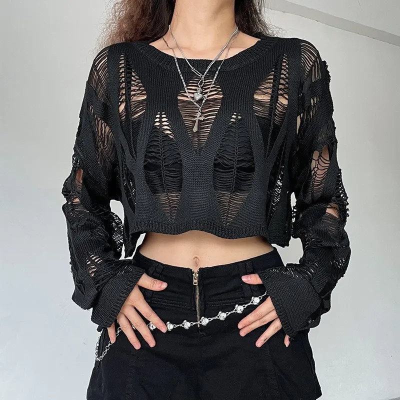 [Em stock] T-shirt com capa de tricô, para o verão e outono, moda feminina transfronteiriça, manga comprida escura rasgada e oca sensual